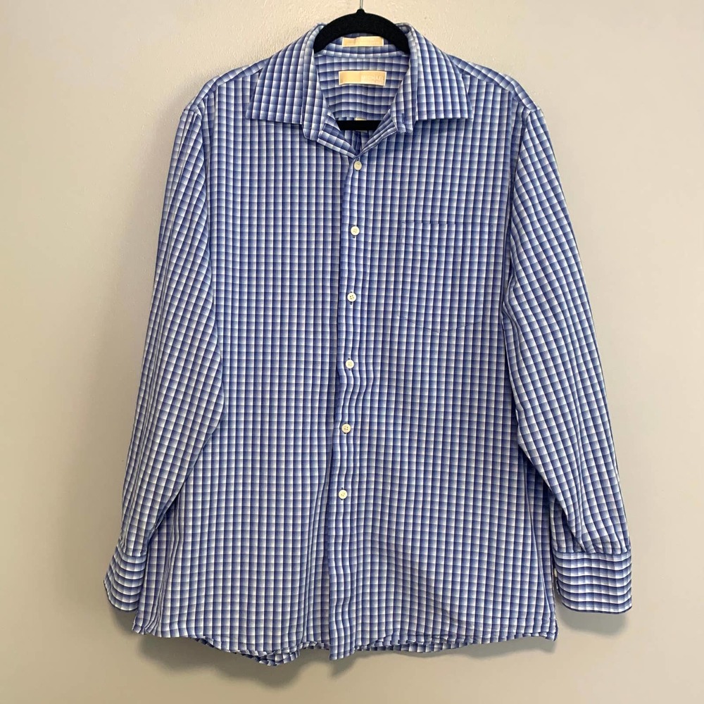 Michael Kors Blue Plaid Dress Shirt 16.5 Large